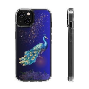 May include: A clear phone case with a peacock design. The peacock is blue and green with a gold background. The case is designed for an iPhone.