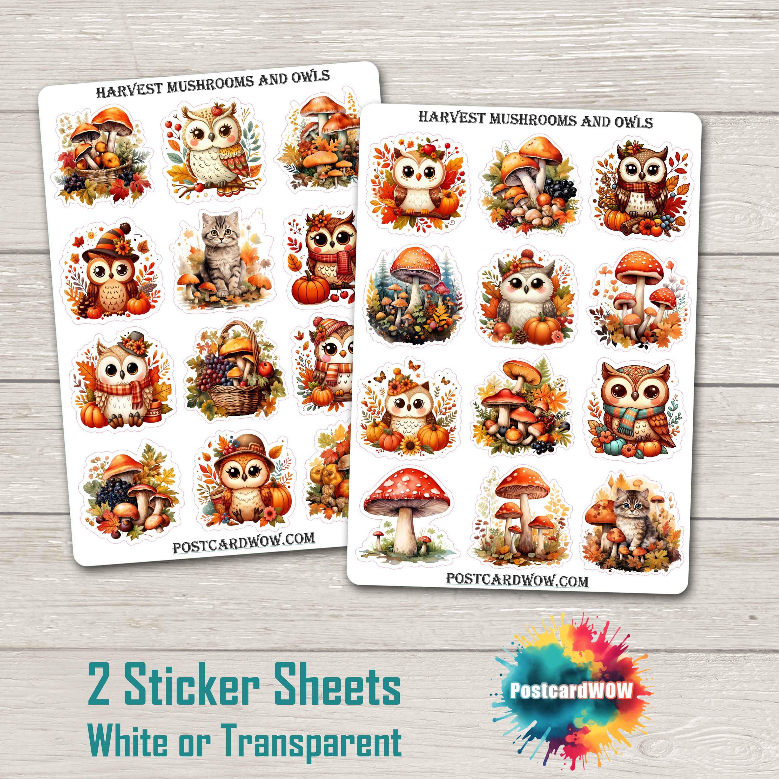 Harvest Mushrooms and Owls - Sticker Set - Junk Journal - Scrap Book - Penpal - Postcrossing - Craft