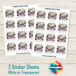 Puede incluir: Dos hojas de pegatinas con un patrón repetido de sobres morados con el texto "Happy Mail". Cada sobre está lleno de papeles de estilo vintage. El texto "SUMMER HAPPY MAIL" está en la parte superior de cada hoja. El texto inferior dice "2 hojas de pegatinas blancas o transparentes."