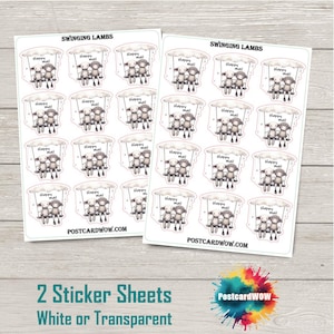 Puede incluir: Dos hojas de pegatinas con ilustraciones de corderos en columpios, con el texto "Happy mail". Las pegatinas son blancas o transparentes. La marca "Swinging Lambs" y el sitio web "POSTCARDWOW.COM" también son visibles.