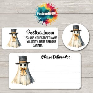 Witte geest met hoge hoed 'retouradres'-labels - vellen van 30 zelfklevende stickers - penvrienden - brieven schrijven - kaarten - vrienden