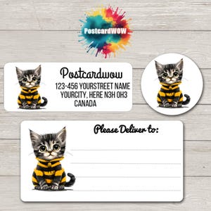 Etiketten met 'retouradres' kitten in jasje - vellen van 30 zelfklevende stickers - penvrienden - brieven schrijven - kaarten - vrienden