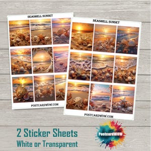 May include: Two sticker sheets displaying beach sunset scenes with seashells and starfish. The text "Seashell Sunset" is at the top of each sheet. The bottom of the sheets read "2 Sticker Sheets White or Transparent" and "POSTCARDWOW.COM".