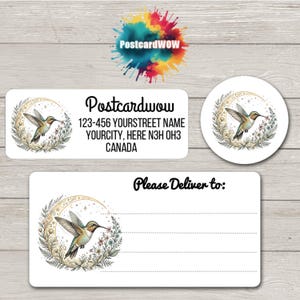 May include: White address labels and a round sticker featuring a hummingbird design. The labels include the text "Postcardwow", address details, and "Please Deliver to:". The hummingbird is set against a crescent moon and floral elements.