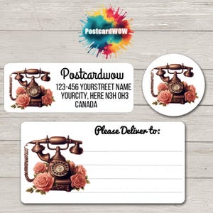 Etiquetas de remitente de teléfono vintage con rosas - Hojas de 30 pegatinas adhesivas - Amigos por correspondencia - Cartas - Tarjetas - Amigos