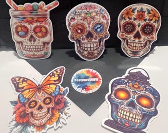 Juego de 5 pegatinas de calaveras de azúcar - Vinilo adhesivo - Para portátil - Botella de agua - Funda de móvil - Cuadernos