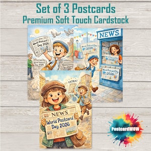 以下が含まれることがあります： 「World Postcard Day 2026」の見出しが付いた新聞を売る子供たちのイラストが描かれた3枚のポストカードセット。 ポストカードは、プレミアムソフトタッチカードストック仕上げで、ヴィンテージ新聞をテーマにしたカラフルなデザインが特徴です。
