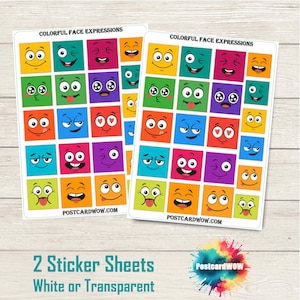 Puede incluir: Dos hojas de pegatinas con caras cuadradas coloridas, cada una con una expresión única. El texto "COLORFUL FACE EXPRESSIONS" está en la parte superior de cada hoja. La parte inferior de las hojas dice "POSTCARDWOW.COM". La parte inferior de la imagen dice "2 hojas de pegatinas Blancas o Transparentes".
