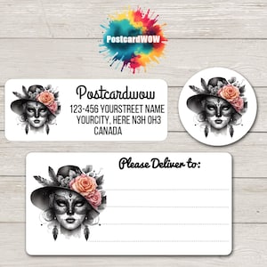 Suikerschedel met zwarte hoed 'retouradres'-etiketten - vellen van 30 zelfklevende stickers - penvrienden - brieven schrijven - kaarten - vrienden