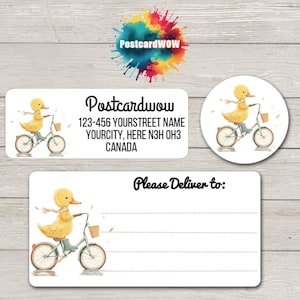Etiquetas de remitente de "Pato en bicicleta" - Hojas de 30 pegatinas adhesivas - Amigos por correspondencia - Escritura de cartas - Tarjetas - Amigos