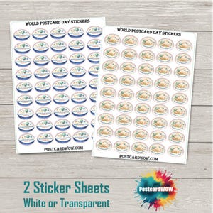 May include: Two sheets of stickers with a circular design, featuring the text "World Postcard Day Stickers." The stickers have a blue and beige colour scheme. The text "POSTCARDWOW.COM" is printed on the bottom of the sheets. The text "2 Sticker Sheets White or Transparent" is also visible.