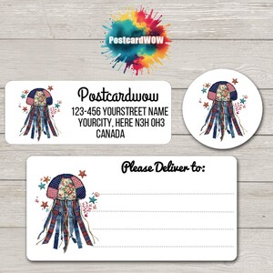 May include: White rectangular and circular labels with a jellyfish design. The jellyfish has a floral and denim pattern with red, white, and blue accents. The rectangular label includes the text "Postcardwow" and an address. The bottom label reads "Please Deliver to:"