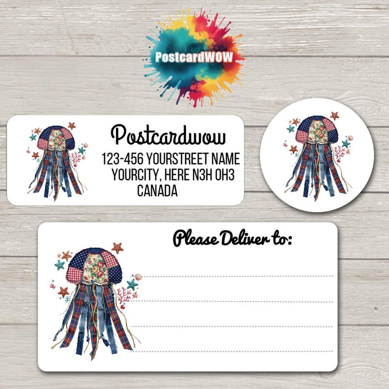 May include: White rectangular and circular labels with a jellyfish design. The jellyfish has a floral and denim pattern with red, white, and blue accents. The rectangular label includes the text "Postcardwow" and an address. The bottom label reads "Please Deliver to:"