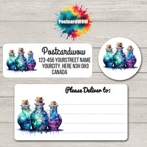 Tres Frascos Cósmicos - Etiquetas de remitente - Hojas de 30 pegatinas adhesivas - Amigos por correspondencia - Escritura de cartas - Tarjetas - Amigos