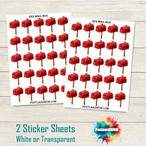 Puede incluir: Dos hojas de pegatinas con buzones rojos, cada uno con la palabra "Mail". Las hojas están etiquetadas como "RED MAIL BOX" y "POSTCARDWOW.COM". El texto en la parte inferior dice "2 Sticker Sheets White or Transparent".