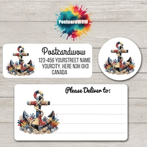 May include: White address labels and a round sticker featuring a nautical anchor design. The anchor is decorated with red, blue, and tan patchwork, rope, and floral accents. The labels include the text "Postcardwow" and address information.