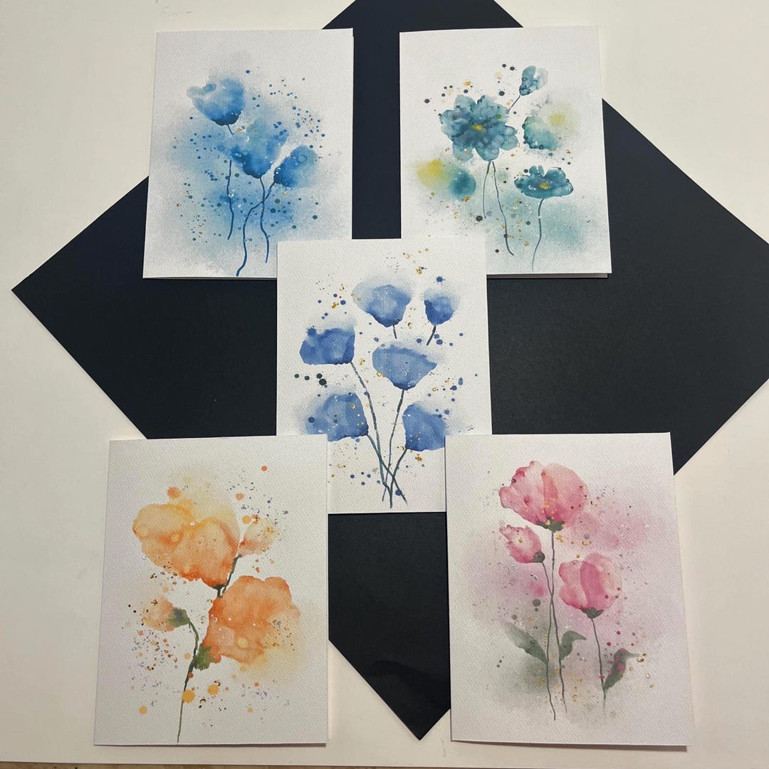 Abstract Watercolor Flowers - Set of 5 Blank Greeting Card With ...