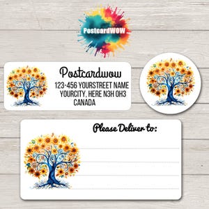 Zonnebloemboom 'retouradres'-etiketten - vellen van 30 zelfklevende stickers - penvrienden - brieven schrijven - kaarten - vrienden