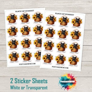 Puede incluir: Dos hojas de pegatinas con gatos negros en cestas con girasoles. Cada hoja tiene 18 pegatinas. El texto "BLACK CAT IN BASKET" y "Happy Mail" están en las pegatinas. El texto "POSTCARDWOW.COM" está en la parte inferior de cada hoja.