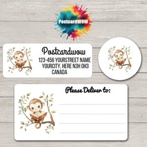Monkey on Branch Reading a Book  " Return address  "  Labels - Sheets of 30 Adhesive stickers - - Penpals - Letter Writing - Cards - Friends
