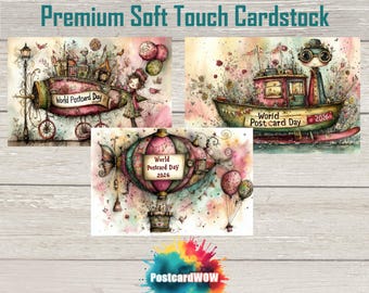 May include: Set of three postcards with whimsical illustrations. Each postcard features a different design: an airplane, a boat, and a hot air balloon, all with the text "World Postcard Day 2026". The postcards are printed on premium soft touch cardstock.