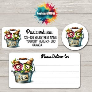 Puede incluir: Pegatinas rectangulares y circulares blancas con temática primaveral. Las pegatinas presentan un cubo con dos personajes florales y el texto "Hello Spring". La pegatina rectangular incluye información de la dirección y el texto "Postcardwow".