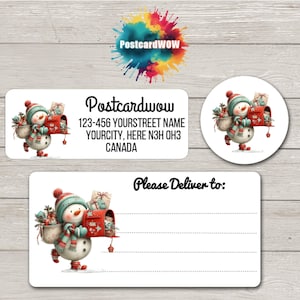 May include: A set of rectangular and circular address labels featuring a snowman illustration holding a red mailbox filled with gifts. The labels include the text Postcardwow, 123-456 YOURSTREET NAME YOURCITY, HERE N3H 0H3 CANADA, and Please Deliver to: