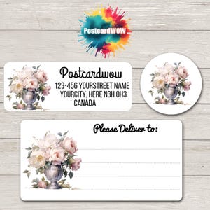 Roze bloemen 'retouradres'-etiketten - vellen van 10 zelfklevende stickers - penvrienden - brieven schrijven - kaarten - vrienden