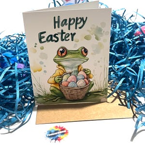 Joyeuses Pâques avec une grenouille portant une veste jaune - Carte pliée avec enveloppe - Vierge à l'intérieur