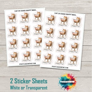 Puede incluir: Dos hojas de pegatinas con una ilustración en acuarela de un gato en una silla leyendo un libro. Las pegatinas tienen el texto "CAT IN CHAIR HAPPY MAIL" y "Happy Mail". Disponibles en blanco o transparente.