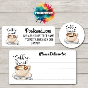 Koffiepauze-etiketten 'retouradres' - vellen van 30 zelfklevende stickers - penvrienden - brieven schrijven - kaarten - vrienden