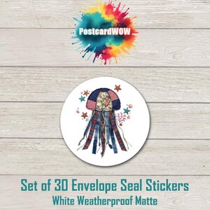 May include: Round white sticker featuring a jellyfish design with a patchwork pattern in blue, red, and floral prints. The jellyfish has long, flowing tentacles. The sticker also includes starfish and coral accents. The text "PostcardWOW" is at the top.