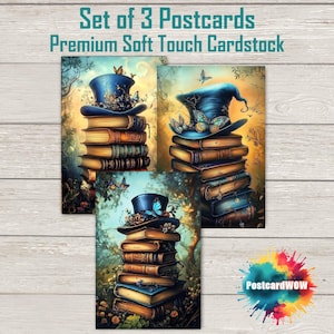 Pile de livres avec chapeau haut de forme - Jeu de cartes postales - Correspondants - Postcrossing - Echange - Art - Design unique
