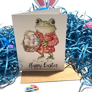 Joyeuses Pâques avec une grenouille portant une veste à pois rouge - Carte pliée avec enveloppe - Intérieur vierge