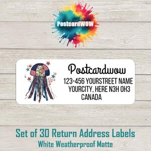 May include: White return address labels with a jellyfish design. The labels feature the text "Postcardwow" and an address. The jellyfish has a red, white, and blue color scheme. The labels are described as white, weatherproof, and matte.