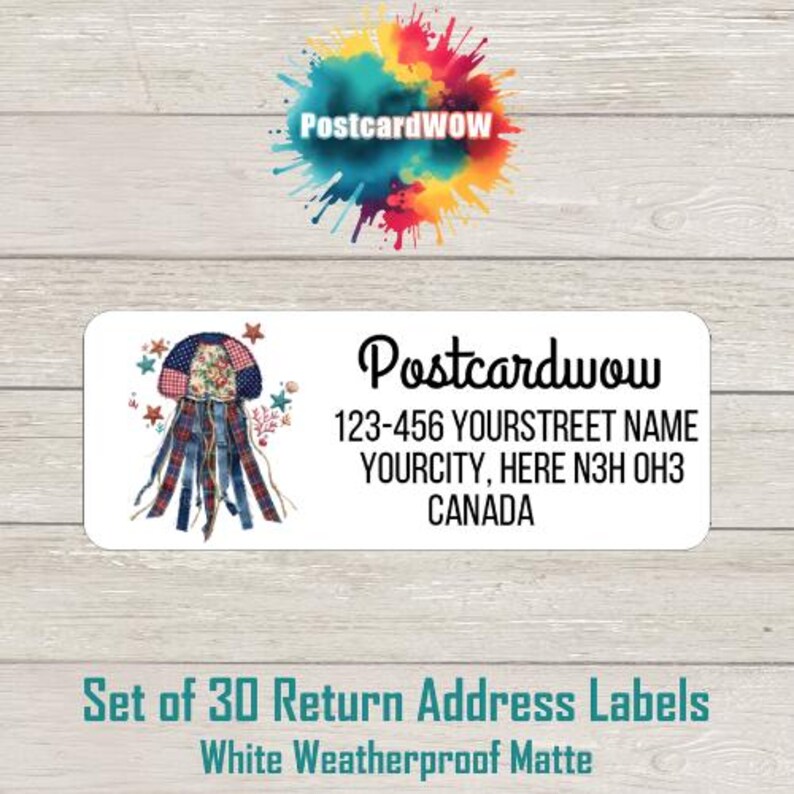 May include: White return address labels with a jellyfish design. The labels feature the text "Postcardwow" and an address. The jellyfish has a red, white, and blue color scheme. The labels are described as white, weatherproof, and matte.