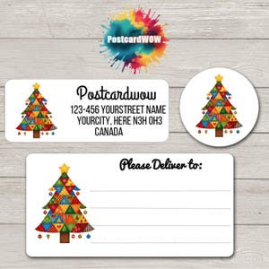 May include: White rectangular and circular labels with a colorful Christmas tree design. The rectangular labels have the text "Postcardwow" and address information. The circular label features a Christmas tree. The text "Please Deliver to:" is also present.