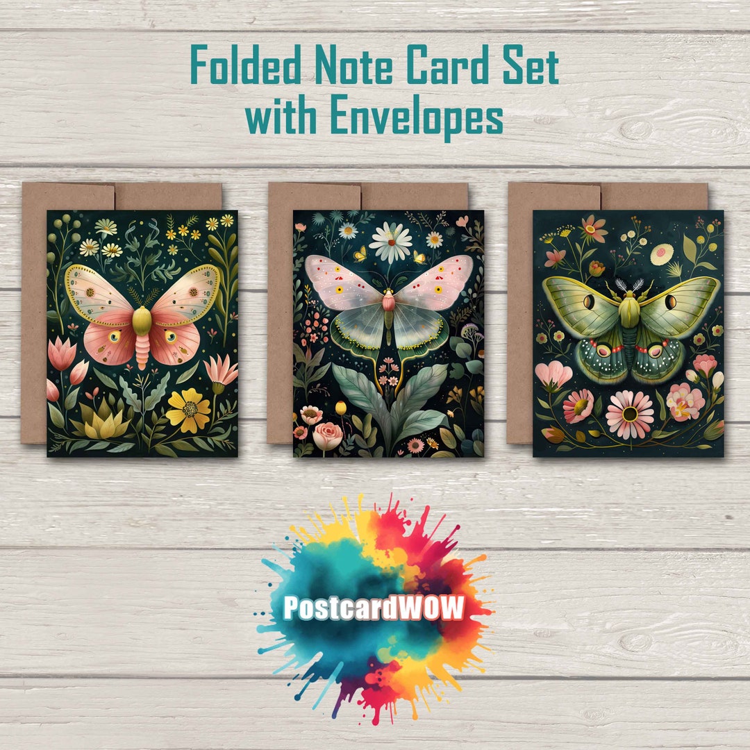 Garden Moths Folded Note Card Set With Envelopes - Blank Inside ...