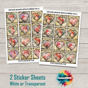 Corações Vintage com Flores Vol 2 - Conjunto de Adesivos - Correio Feliz - Diário de Junk - Álbum de Recortes - Amigo por Correspondência - Postcrossing