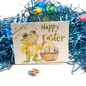 Joyeuses Pâques avec une grenouille portant une veste jaune - Carte pliée avec enveloppe - Vierge à l'intérieur