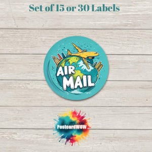 Autocollant Air Mail avec globe terrestre - Feuilles de 15 ou 30 autocollants adhésifs - Cartes postales - Correspondants - Poste aux lettres - Postcrossing