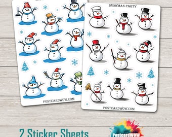 May include: Two sticker sheets featuring a variety of snowman designs. Each sheet has 12 stickers with different snowman poses, hats, and accessories. The sheets are labeled "Snowman Party" and "PostcardWow.com".