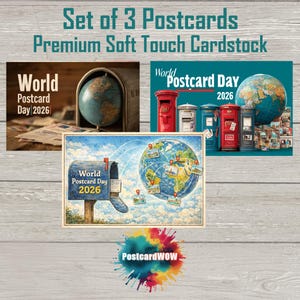 Könnte beinhalten: Set mit 3 Postkarten mit dem Text "World Postcard Day 2026". Die Postkarten zeigen Globen, Briefkästen und Illustrationen im Vintage-Stil. Gedruckt auf hochwertigem Soft-Touch-Karton.