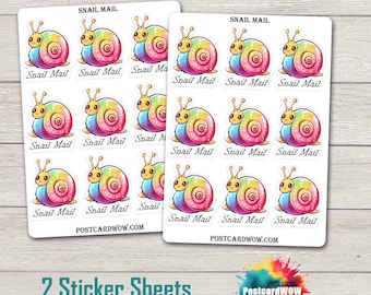 May include: Two sheets of stickers featuring colorful snail illustrations with the text "Snail Mail" on each sticker. The stickers are available in white or transparent.