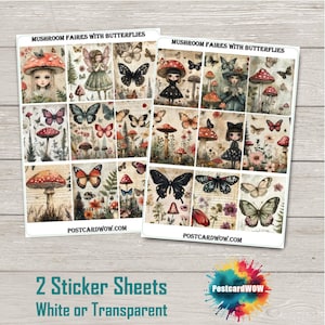 Fadas Cogumelo com Borboletas - Conjunto Completo de Adesivos para Caixa - Correio Feliz - Diário de Junk - Álbum de Recortes - Amigo por Correspondência - Postcrossing