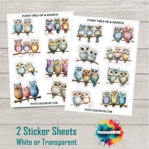 Grappige uilen op een tak - stickerset - Happy Mail - junkjournaal - plakboek - penvriendje - postcrossing