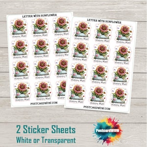 Puede incluir: Dos hojas de pegatinas con ilustraciones de acuarela de girasoles saliendo de sobres, cada una con la etiqueta "Happy Mail". El texto "Letter with Sunflower" está en la parte superior. El texto inferior dice "2 hojas de pegatinas blancas o transparentes."