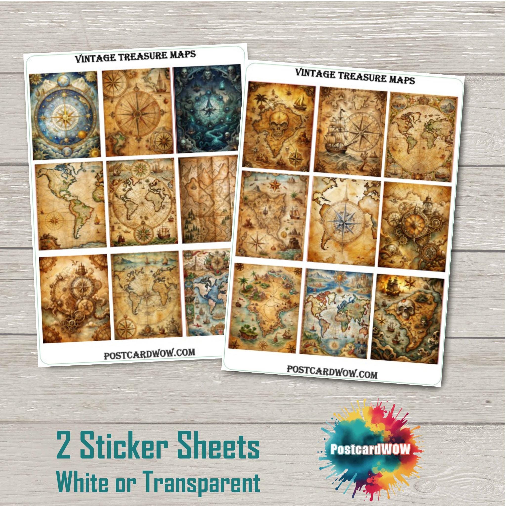 Vintage Treasure Map Stickers - Scrapbook, Journal, Planner - Set