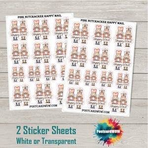 Puede incluir: Dos hojas de pegatinas con diseños de cascanueces rosas y beiges y el texto "Happy Mail". Las pegatinas tienen un estilo de dibujos animados. También se ve el texto "Pink Nutcracker Happy Mail" y "POSTCARDWOW.COM".