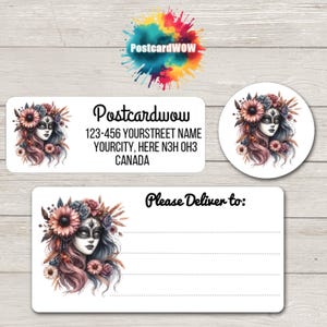 Suikerschedel met roze bloemen 'retouradres'-etiketten - vellen van 30 zelfklevende stickers - penvrienden - brieven schrijven - kaarten - vrienden